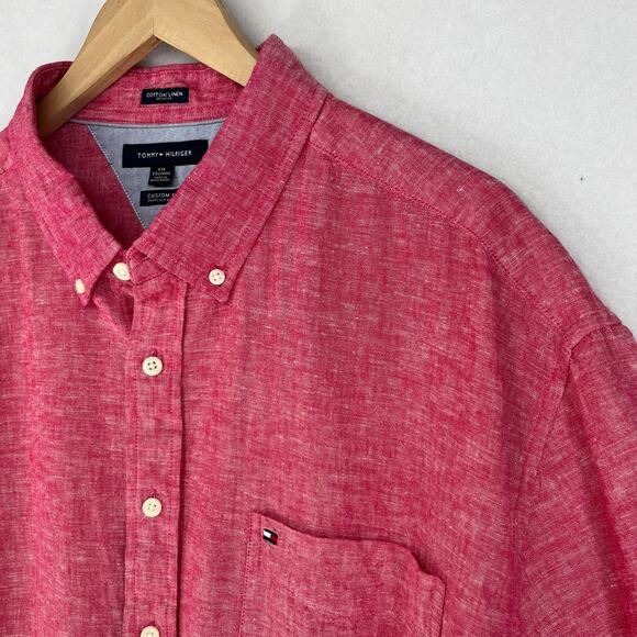 TOMMY HILFIGER Shirt Mens 2XL Cotton Linen Chambray Button Up Short Sleeve Pink - Picture 1 of 14